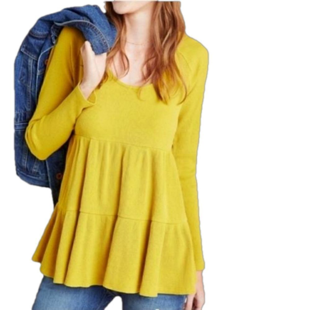 MAEVE ANTHROPOLOGIE Samina Thermal Babydoll Mustard Yellow Top Size X-Small